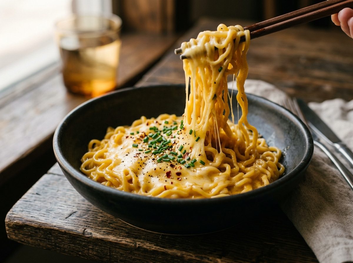 AI-generated illustration of chopsticks lifting thick noodles stretched with melted cheese from a dark ceramic bowl