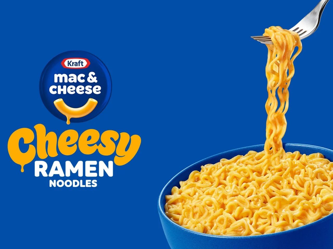 Kraft Mac & Cheese Cheesy Ramen promotional image showing a fork lifting cheese-coated ramen noodles from a blue bowl