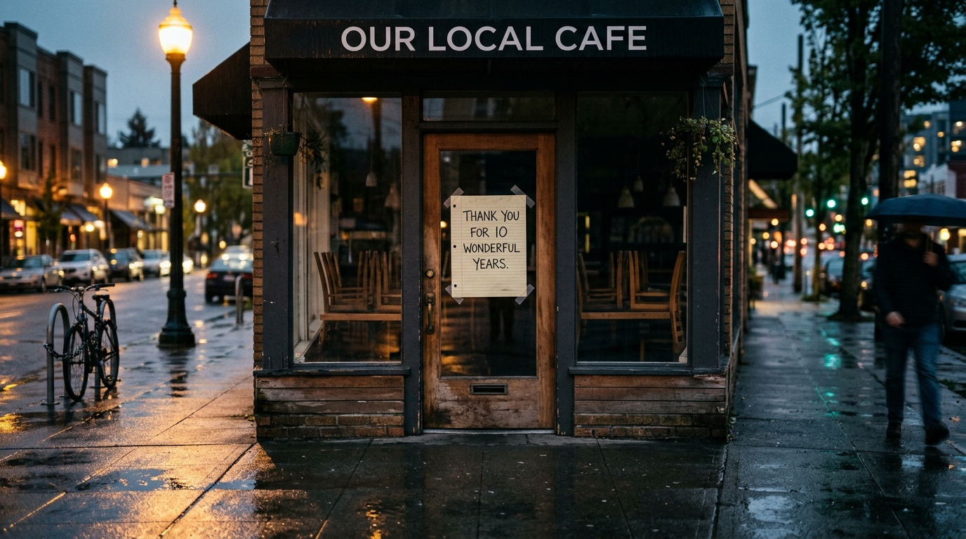 Illustration: a closed corner cafe at dusk on a rainy street, chairs stacked inside and a handwritten thank-you sign taped to the door