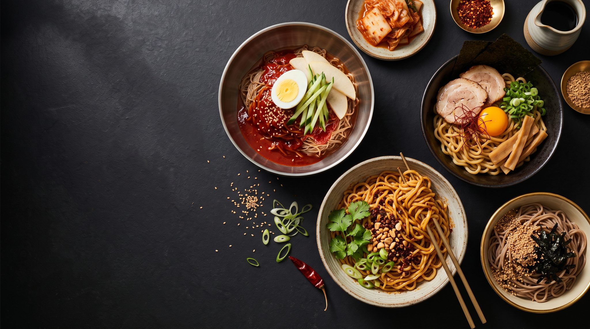 Overhead spread of Asian dry noodles on dark stone: Korean bibim naengmyeon in red gochujang sauce, chili-oil mala ban mian with peanuts, Japanese aburasoba with chashu and egg yolk, and perilla oil noodles