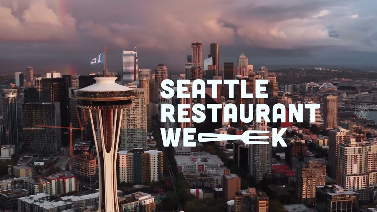 Seattle Restaurant Week logo over an aerial view of the Seattle skyline and Space Needle