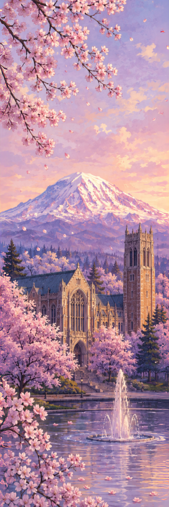 Illustrated UW-themed bookmark featuring Suzzallo Library, Drumheller Fountain, and cherry blossoms, given free at Slurp Station during U District Chow Down 2026