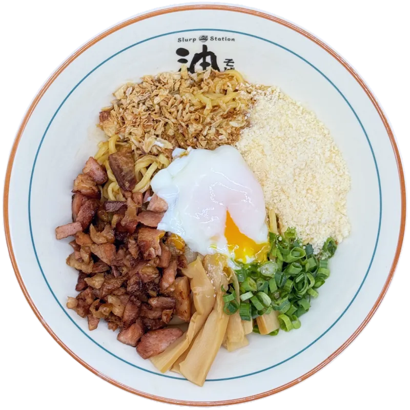 Tokyo Ganso Aburasoba topped with diced chashu, crispy onion, Parmesan and an onsen egg